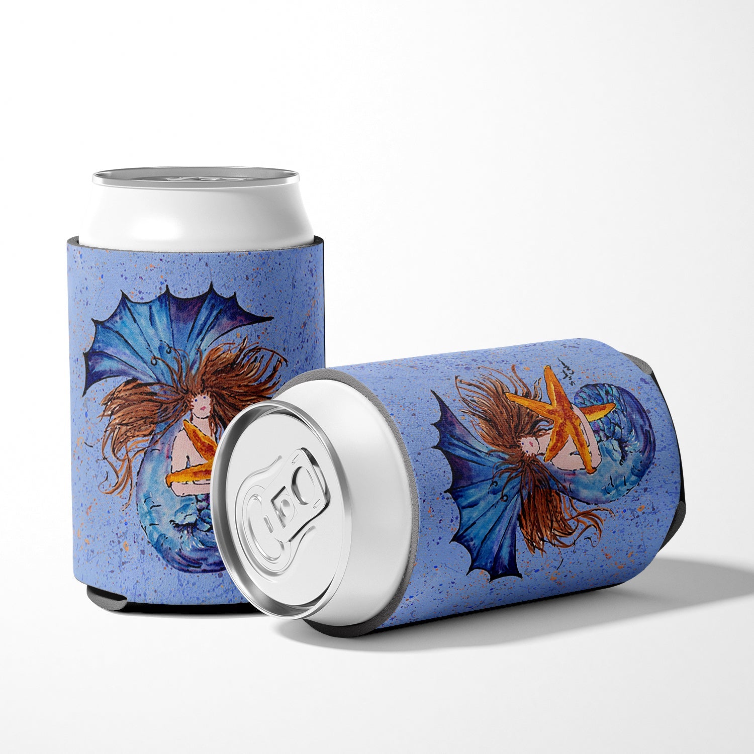 Brown Headed Mermaid on Blue Can or Bottle Hugger Cooler Sleeve for Standard 12 oz Cans, Insulated Foam Beer & Soda Can Hugger Reusable