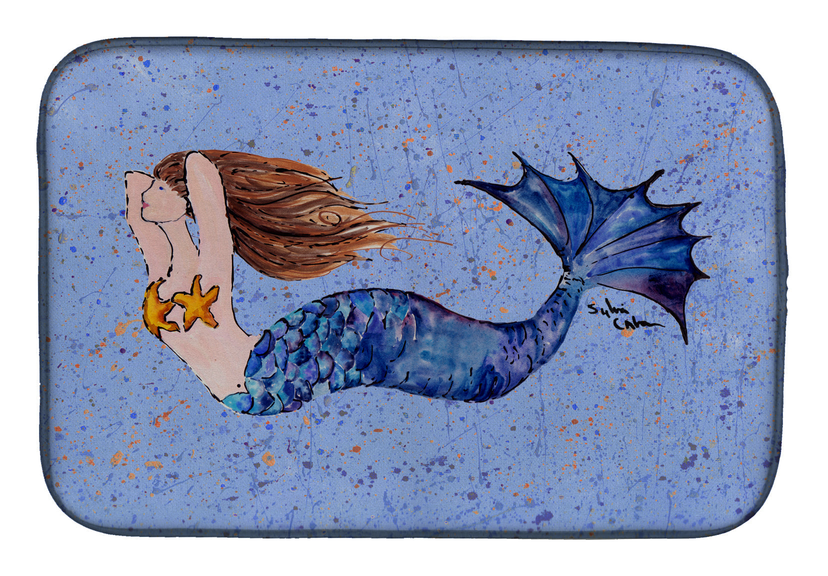 Brown Headed Mermaid on Blue Dish Drying Mat Absorbent Dish Drying Mat Pad for Kitchen Counter Dish Drainer Mat for Countertop, 14 x 21", Multicolor