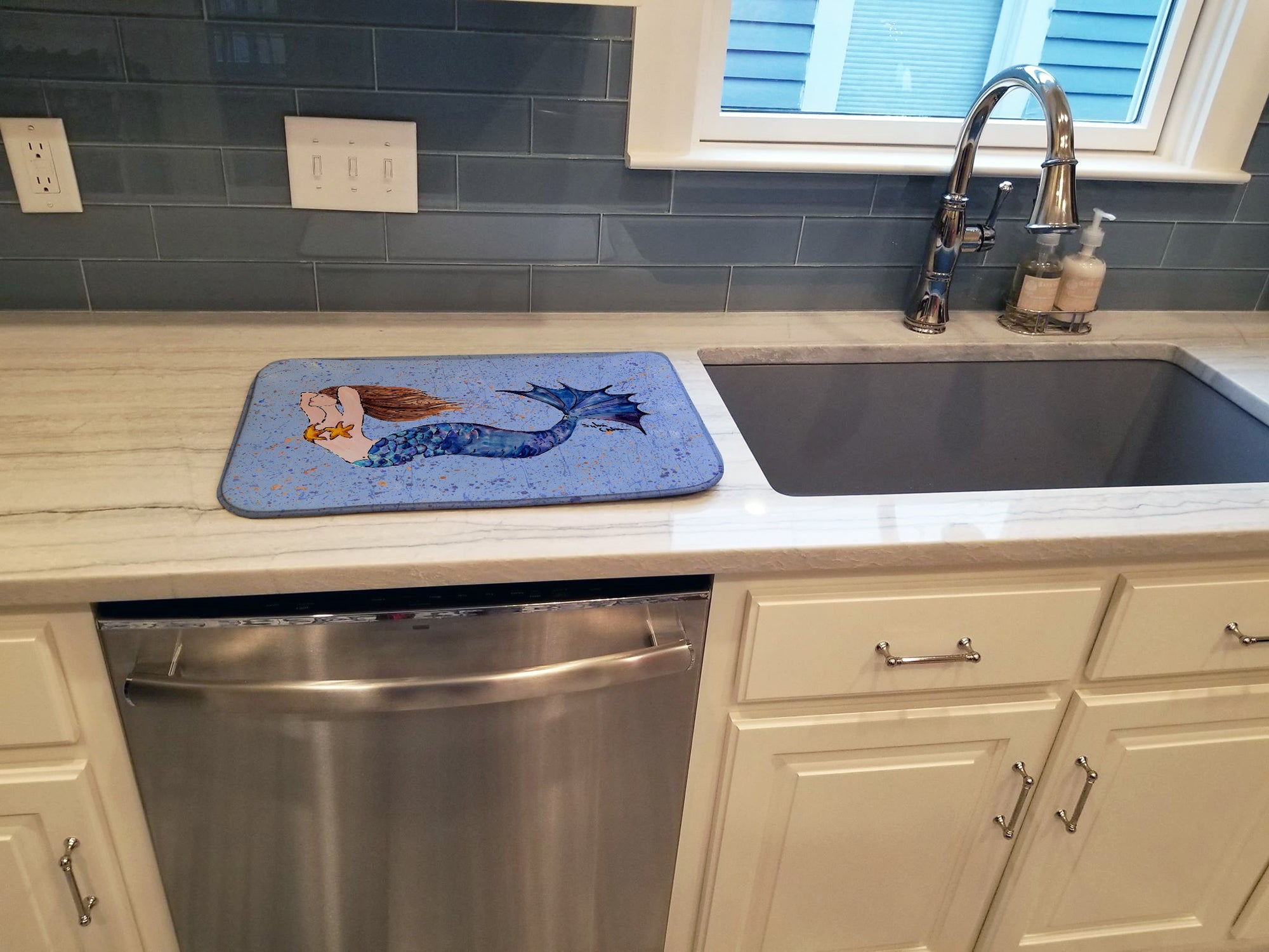 Brown Headed Mermaid on Blue Dish Drying Mat Absorbent Dish Drying Mat Pad for Kitchen Counter Dish Drainer Mat for Countertop, 14 x 21", Multicolor