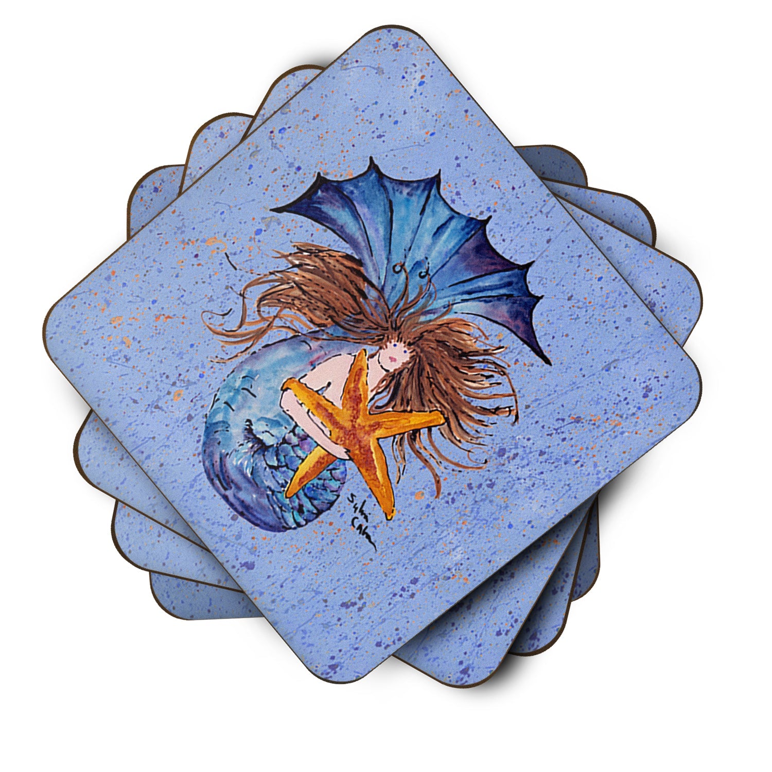Brown Headed Mermaid on Blue Foam Coasters Set of 4 Cup Coasters for Indoor Outdoor, Tabletop Protection, Anti Slip, Mouse pad Material