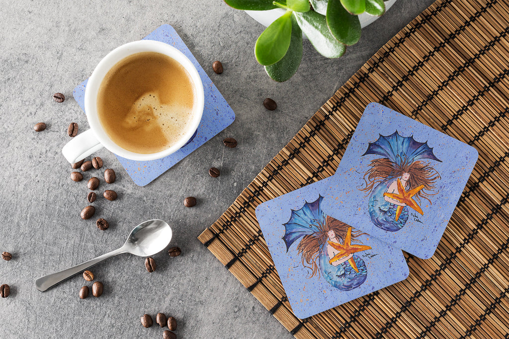 Brown Headed Mermaid on Blue Foam Coasters Set of 4 Cup Coasters for Indoor Outdoor, Tabletop Protection, Anti Slip, Mouse pad Material