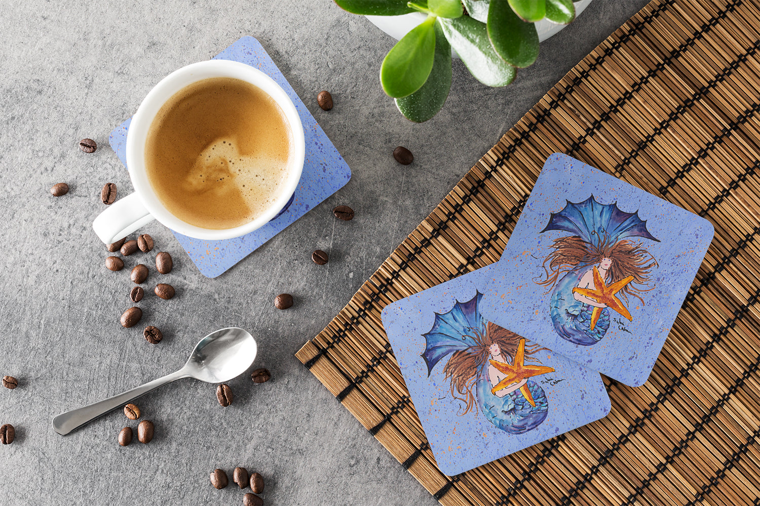Brown Headed Mermaid on Blue Foam Coasters Set of 4 Cup Coasters for Indoor Outdoor, Tabletop Protection, Anti Slip, Mouse pad Material