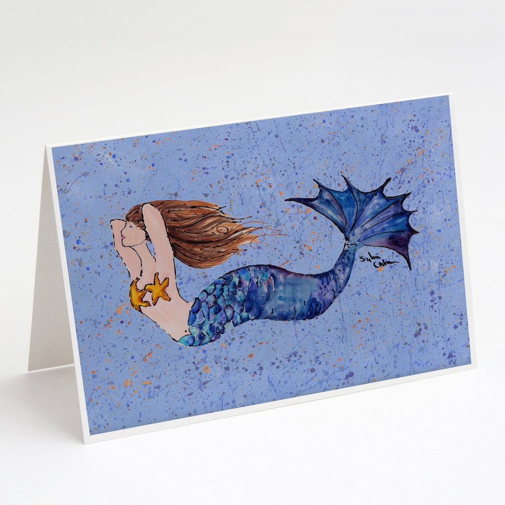 Brown Headed Mermaid on Blue Greeting Cards Pack of 8 Blank Cards with Envelopes Whimsical A7 Size 5x7