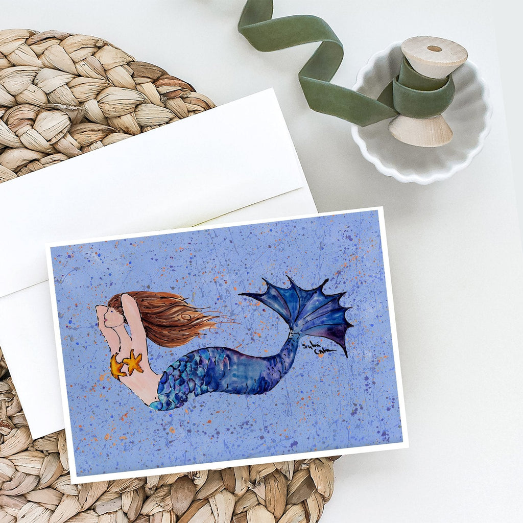 Brown Headed Mermaid on Blue Greeting Cards Pack of 8 Blank Cards with Envelopes Whimsical A7 Size 5x7