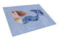 Brown Headed Mermaid on Blue Cutting Board Tempered Glass Kitchen Cutting Surface, Heat Resistant Chopping, Non-Slip Feet, Food Prep & Serving