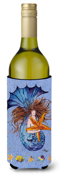 Brown Headed Mermaid on Blue Wine Bottle Hugger Gift Sleeve for Standard 750 ml Bottles, Insulated Reusable Also Fits Mini Shot & Pint Bottles