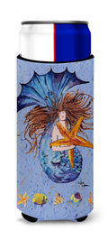 Brown Headed Mermaid on Blue Slim Can Hugger , Insulated Foam Hugger for 12 oz Slim Cans, Beer Bottles & Water Bottles, Printed in USA