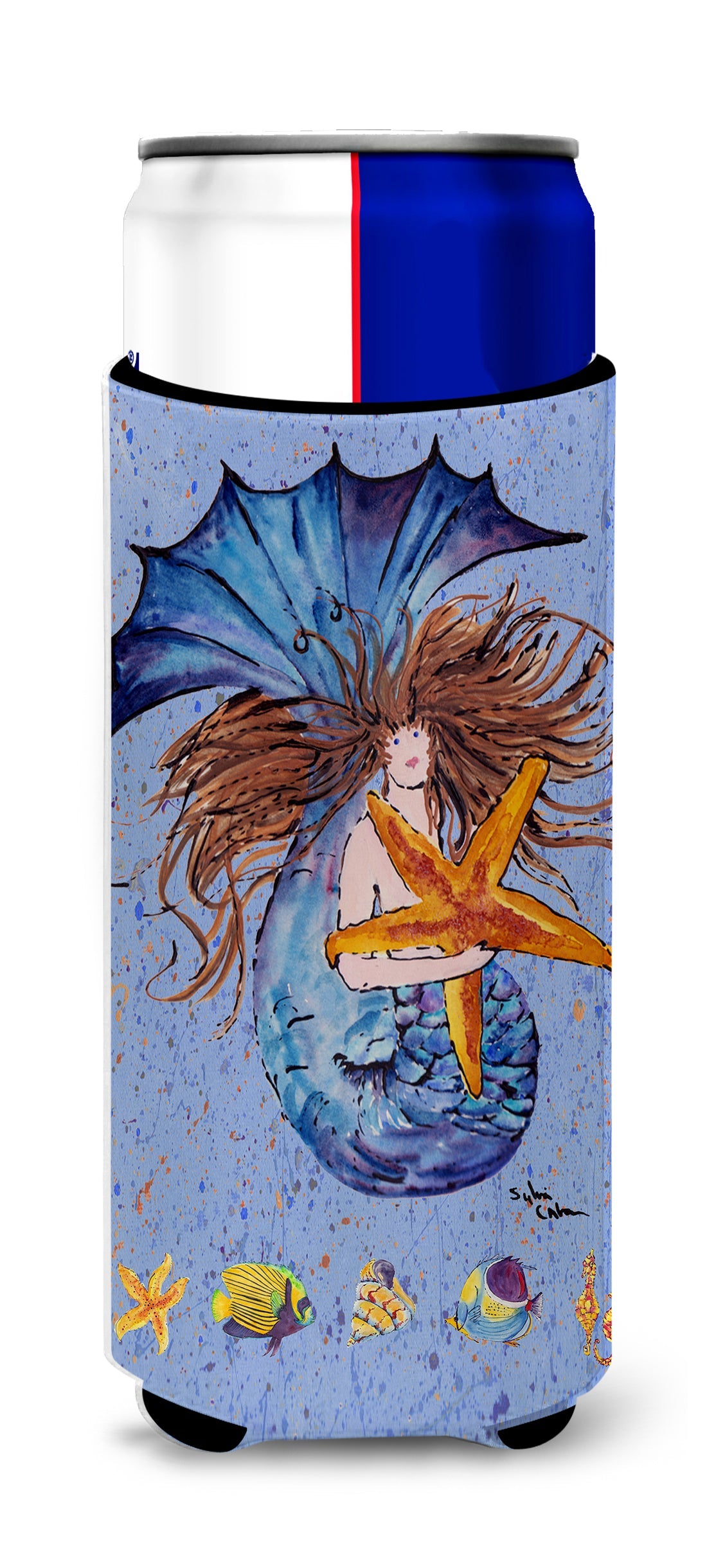 Brown Headed Mermaid on Blue Slim Can Hugger , Insulated Foam Hugger for 12 oz Slim Cans, Beer Bottles & Water Bottles, Printed in USA