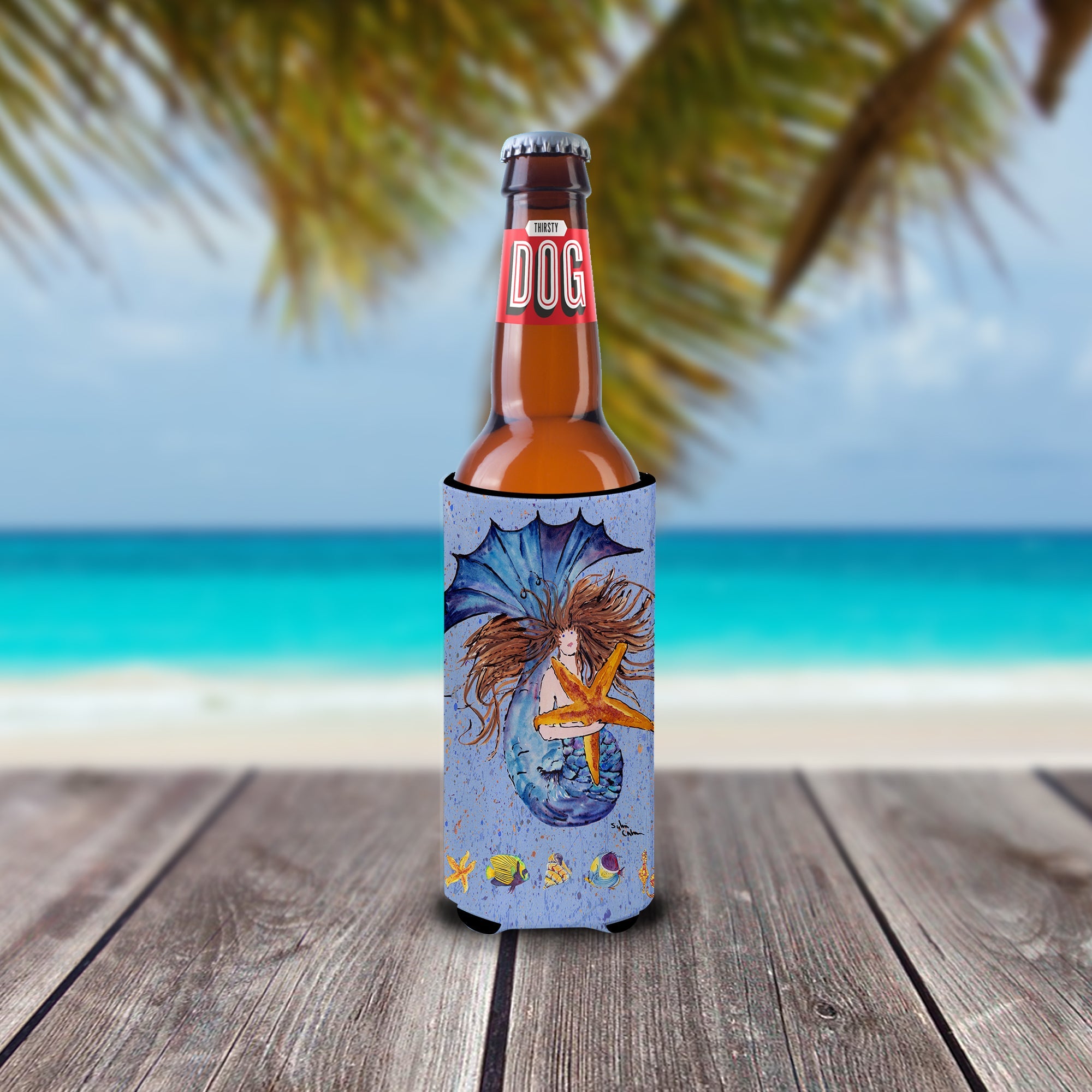Brown Headed Mermaid on Blue Slim Can Hugger , Insulated Foam Hugger for 12 oz Slim Cans, Beer Bottles & Water Bottles, Printed in USA