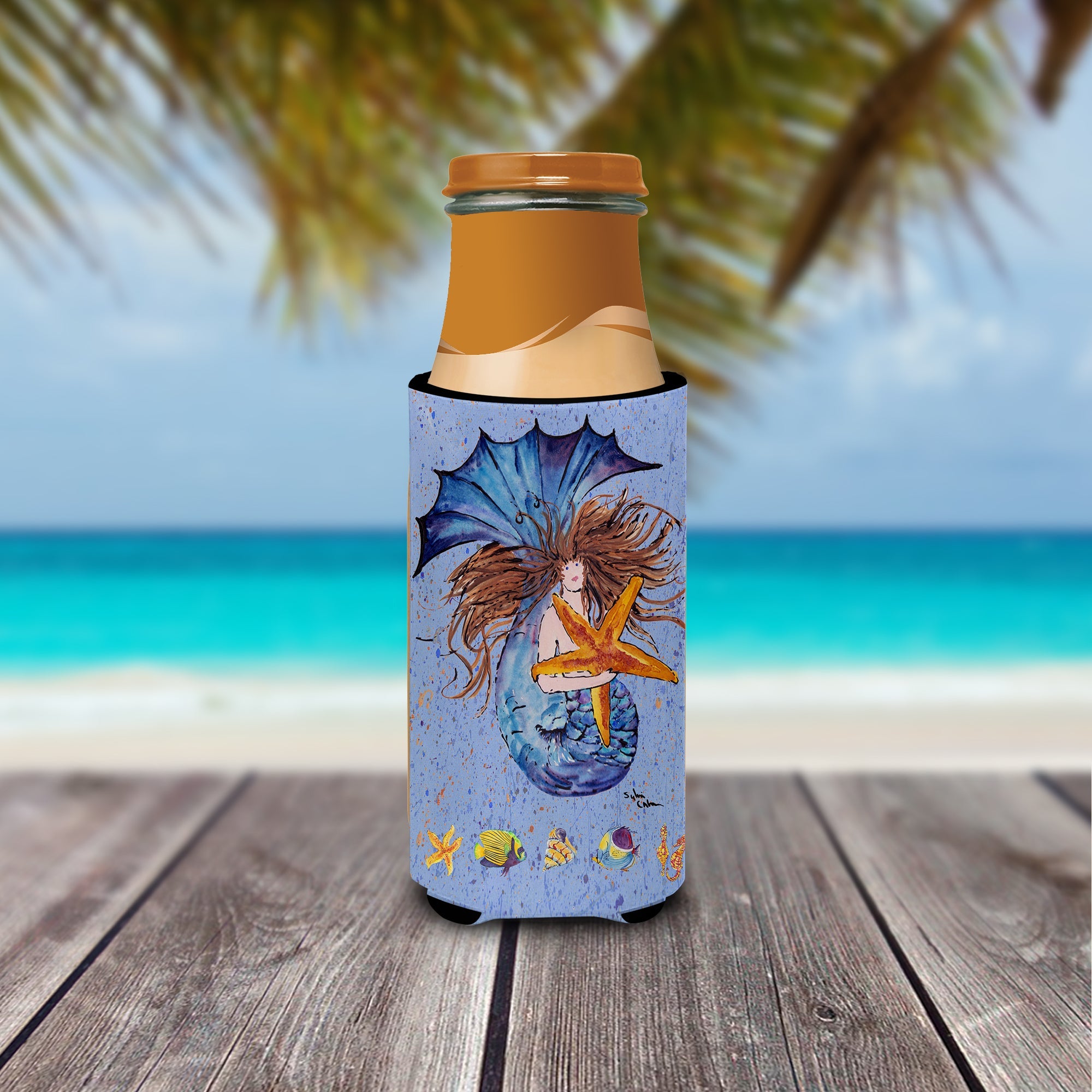Brown Headed Mermaid on Blue Slim Can Hugger , Insulated Foam Hugger for 12 oz Slim Cans, Beer Bottles & Water Bottles, Printed in USA