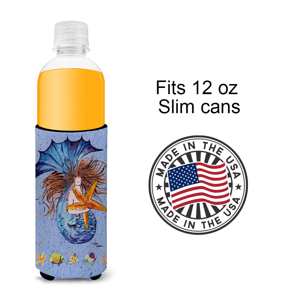 Brown Headed Mermaid on Blue Slim Can Hugger , Insulated Foam Hugger for 12 oz Slim Cans, Beer Bottles & Water Bottles, Printed in USA