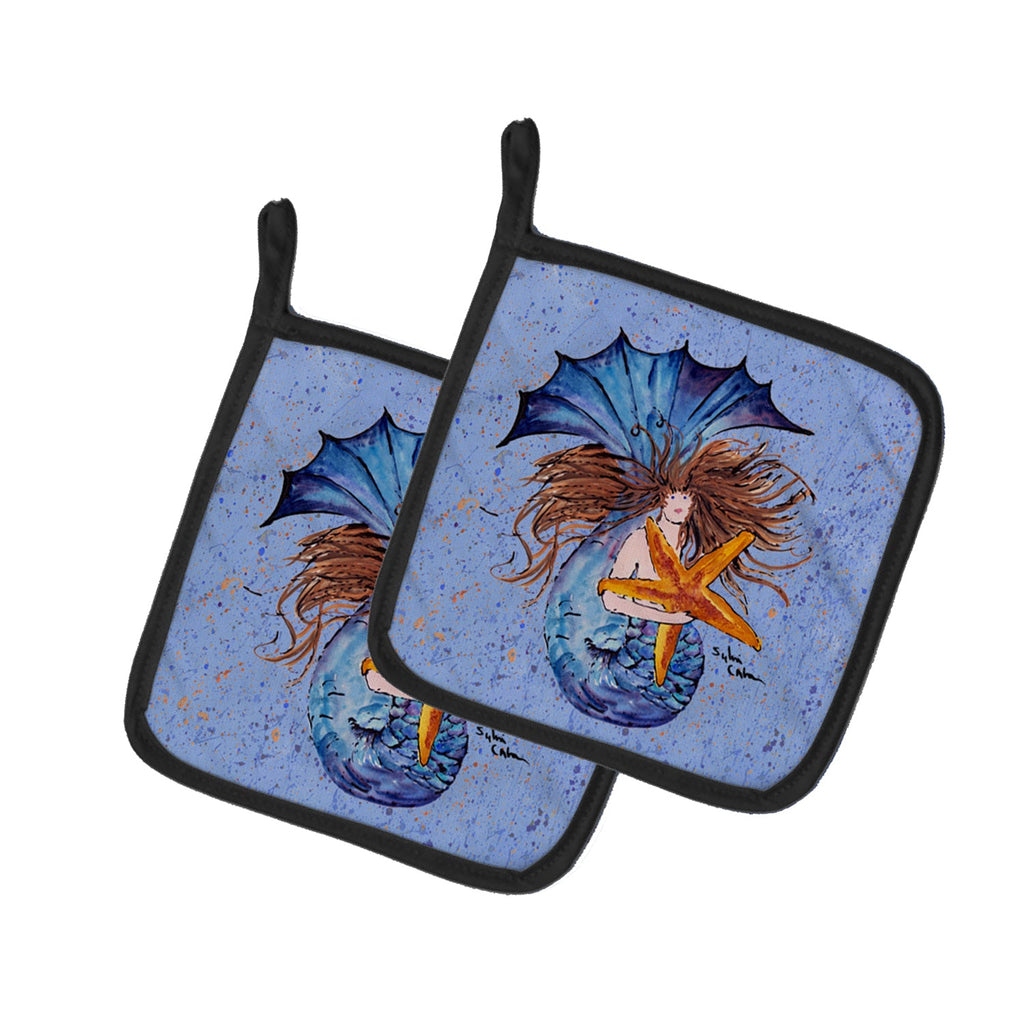 Brown Headed Mermaid on Blue Pot Holder Set of 2 Heat Resistant Quilted Hot Pads 7.5 x 7.5 Inch, Insulated Kitchen Trivets for Cooking & Baking