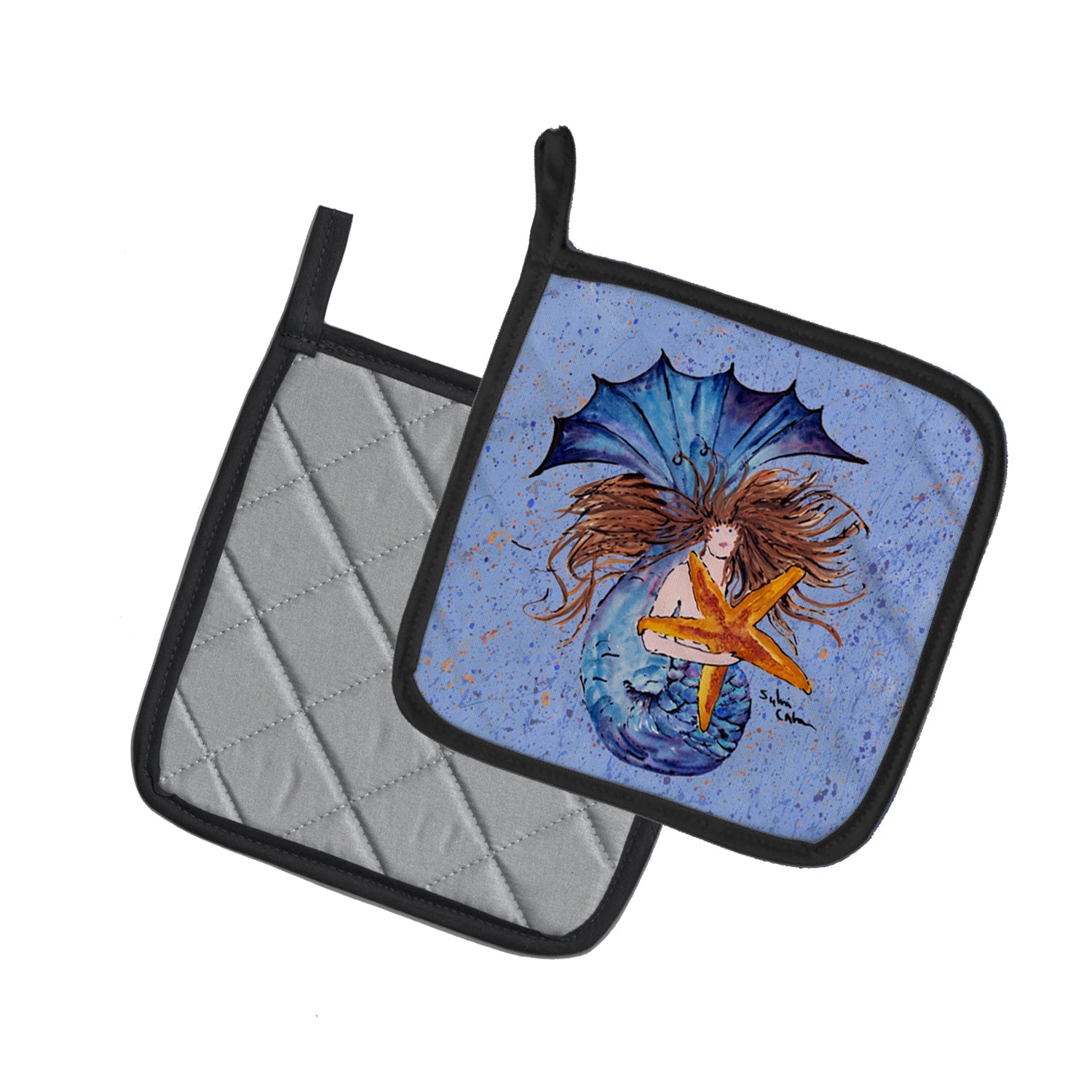 Brown Headed Mermaid on Blue Pot Holder Set of 2 Heat Resistant Quilted Hot Pads 7.5 x 7.5 Inch, Insulated Kitchen Trivets for Cooking & Baking