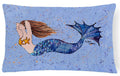 Brown Headed Mermaid on Blue Decorative Throw Pillow 12x16 Indoor Outdoor Accent Cushion, Fabric Cover with Insert for Sofa, Bed, Porch & Living Room
