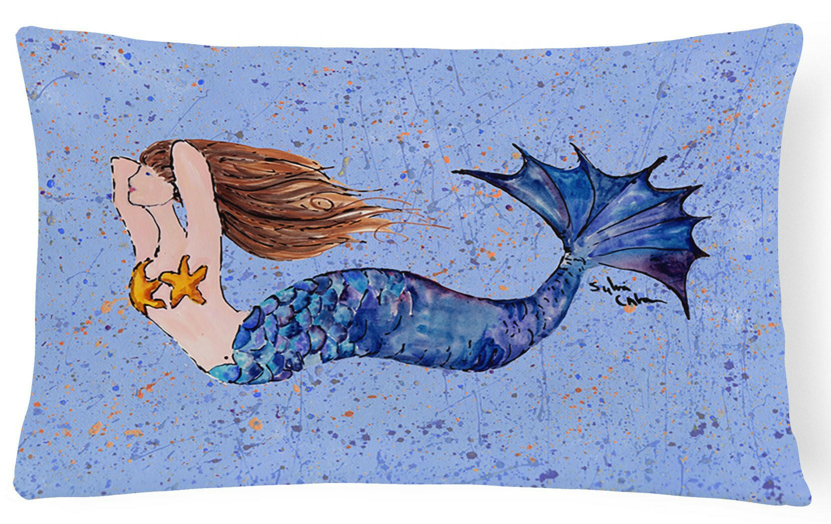 Brown Headed Mermaid on Blue Decorative Throw Pillow 12x16 Indoor Outdoor Accent Cushion, Fabric Cover with Insert for Sofa, Bed, Porch & Living Room