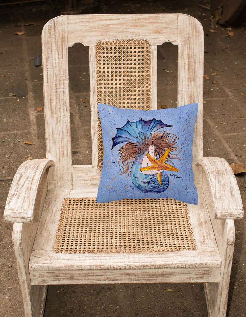 Brown Headed Mermaid on Blue Decorative Throw Pillow 14x14 Indoor Outdoor Accent Cushion, Fabric Cover with Insert for Sofa, Bed, Porch & Living Room