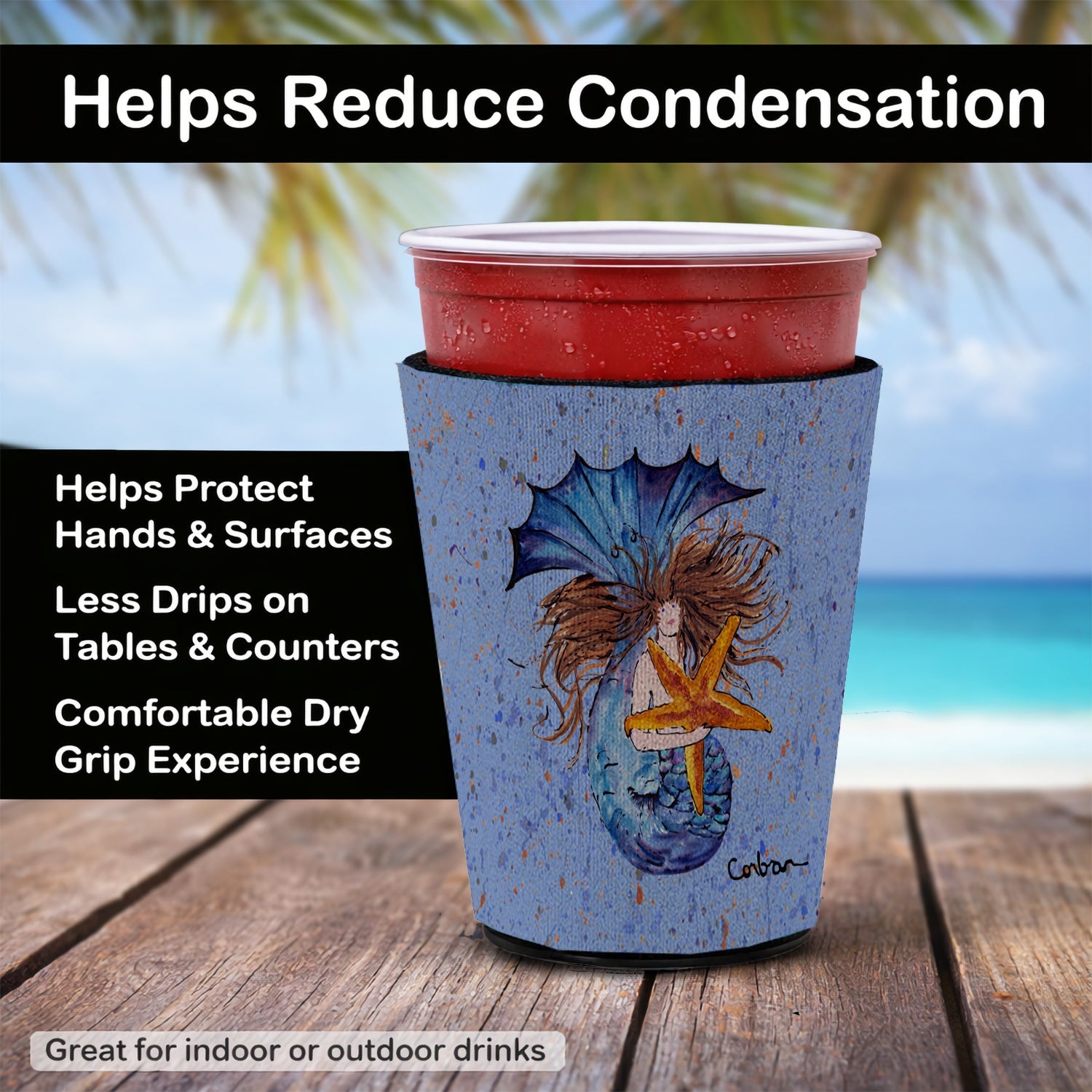 Brown Headed Mermaid on Blue Red Cup Hugger Sleeve for 16–22 oz Party Cups, Insulated Foam Drink Holder for Iced Coffee, Tailgate & BBQ Reusable