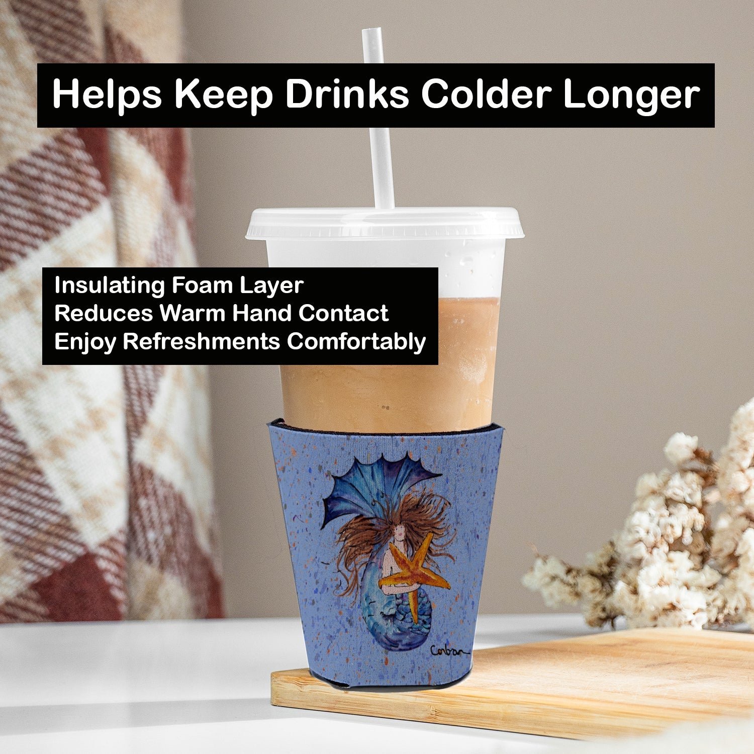 Brown Headed Mermaid on Blue Red Cup Hugger Sleeve for 16–22 oz Party Cups, Insulated Foam Drink Holder for Iced Coffee, Tailgate & BBQ Reusable