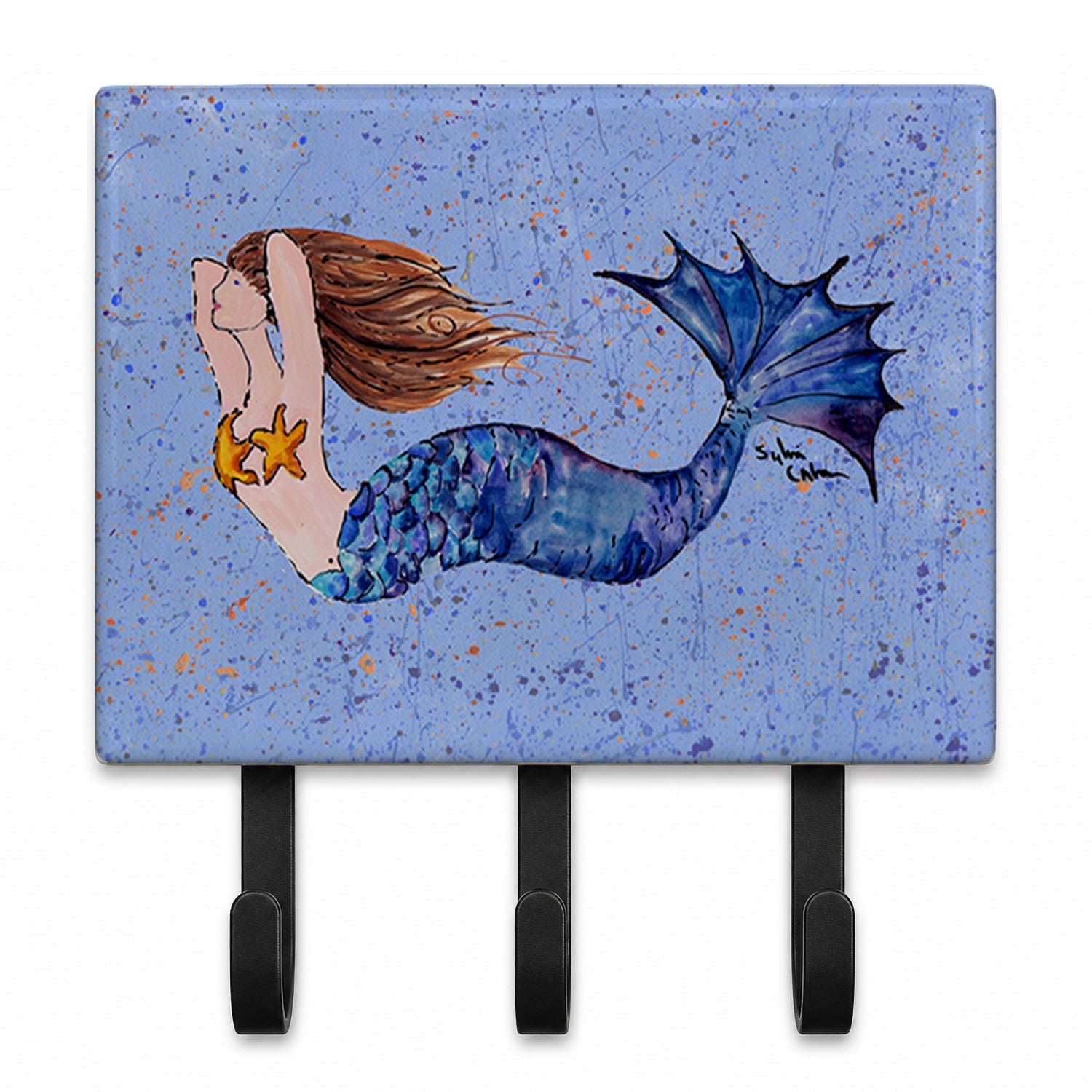 Brown Headed Mermaid on Blue Leash or Key Holder Wall Hooks, Coat Rack Wall Mount, for Hanging Keys, Towels, Aprons, Leashes