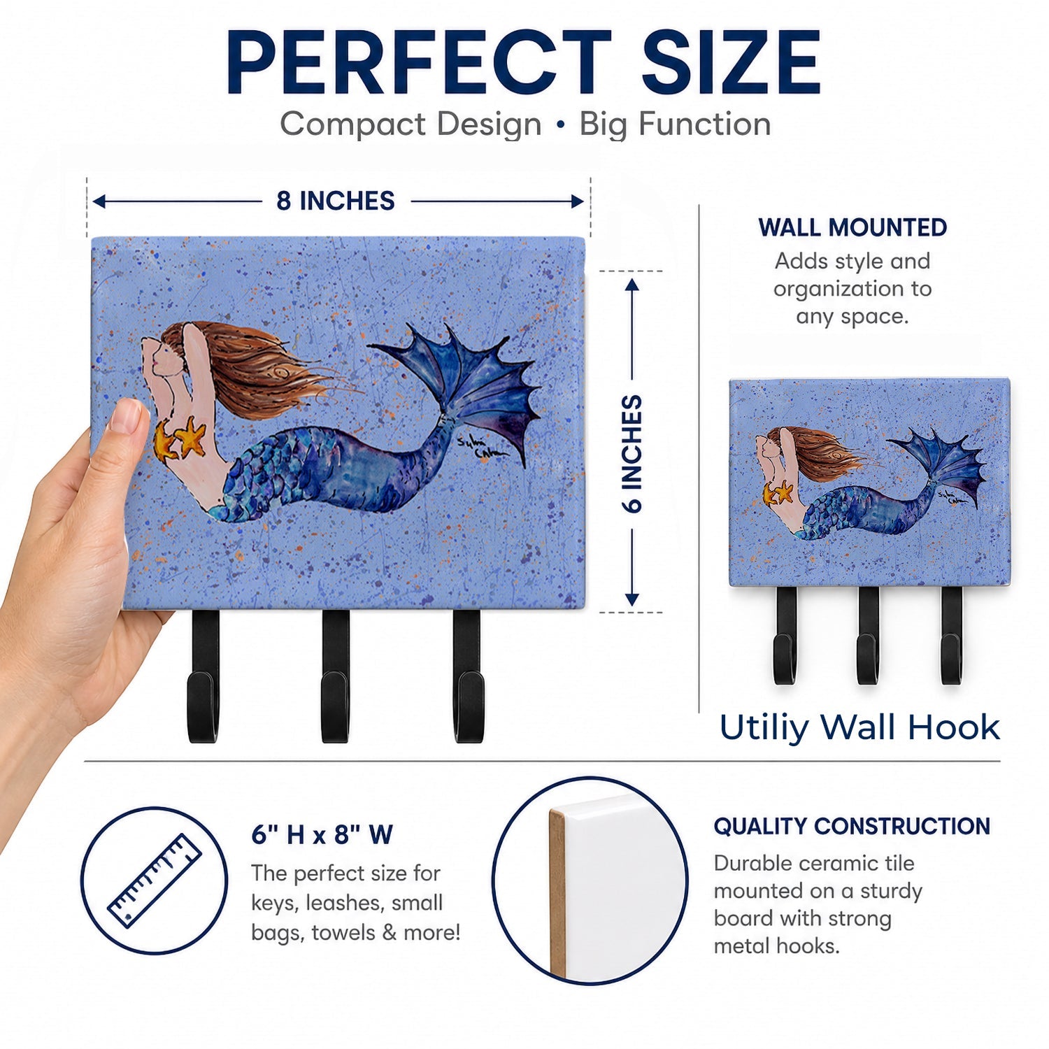 Brown Headed Mermaid on Blue Leash or Key Holder Wall Hooks, Coat Rack Wall Mount, for Hanging Keys, Towels, Aprons, Leashes