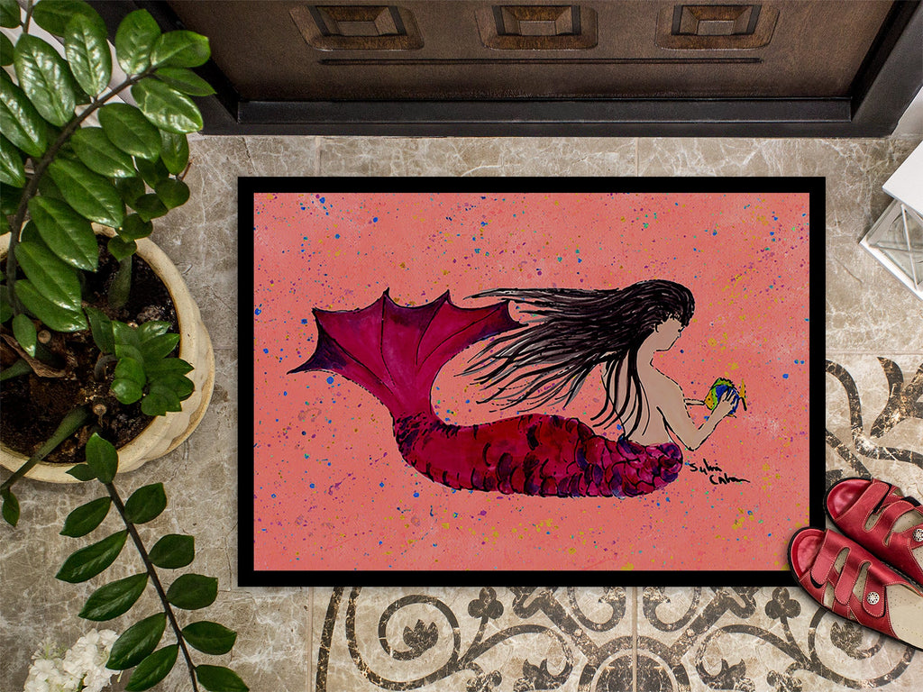 Black haired Mermaid on Red Doormat Indoor Outdoor 24H X 36W Front Door Mat Rugs for Entryway, Non Slip Washable Low Pile,