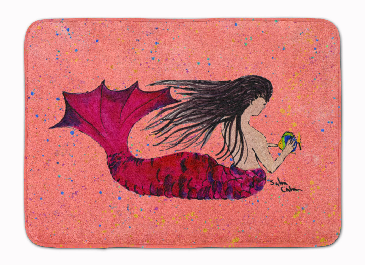 Black haired Mermaid on Red Memory Foam Kitchen Mat Machine Washable Anti-Fatigue Cushion Comfort Bath or Kitchen Rug