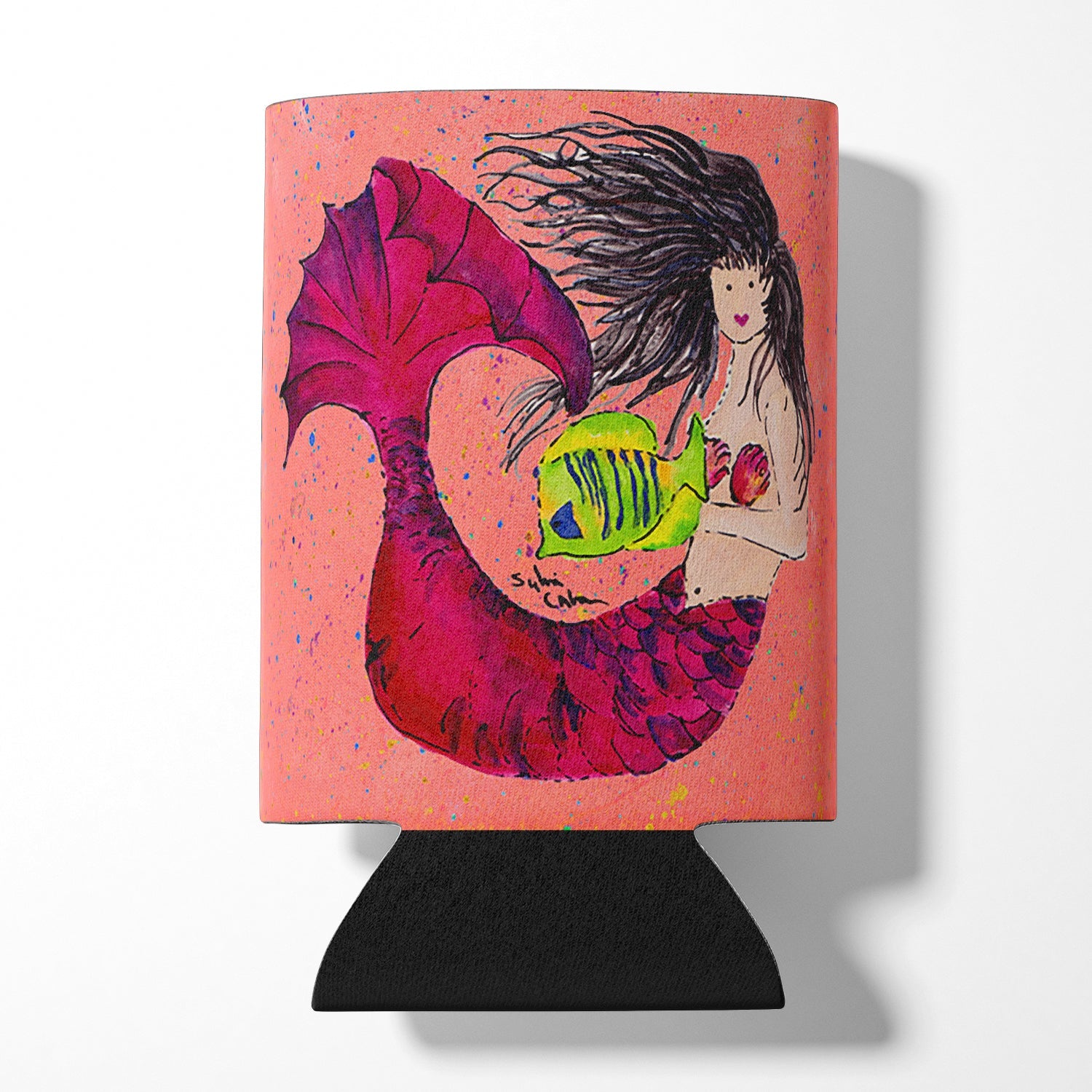 Black haired Mermaid on Red Can or Bottle Hugger Cooler Sleeve for Standard 12 oz Cans, Insulated Foam Beer & Soda Can Hugger Reusable