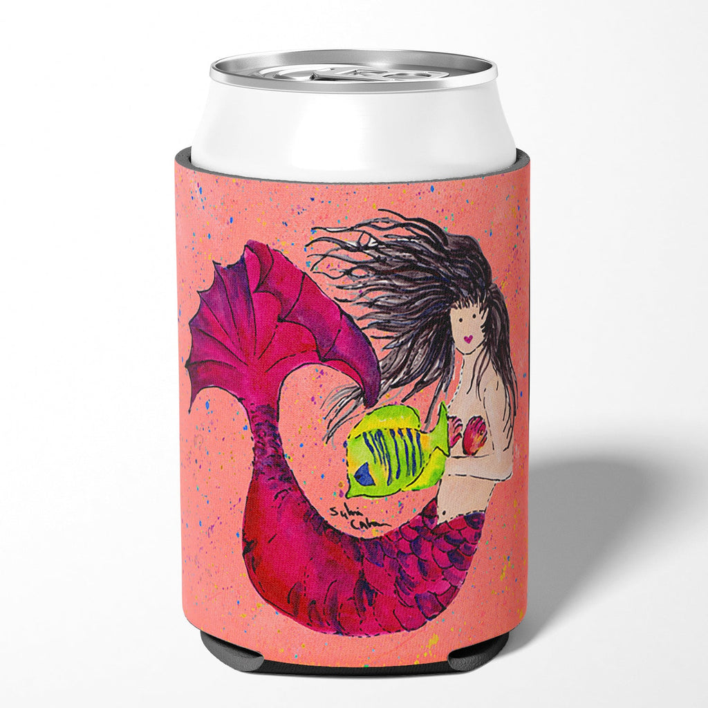 Black haired Mermaid on Red Can or Bottle Hugger Cooler Sleeve for Standard 12 oz Cans, Insulated Foam Beer & Soda Can Hugger Reusable