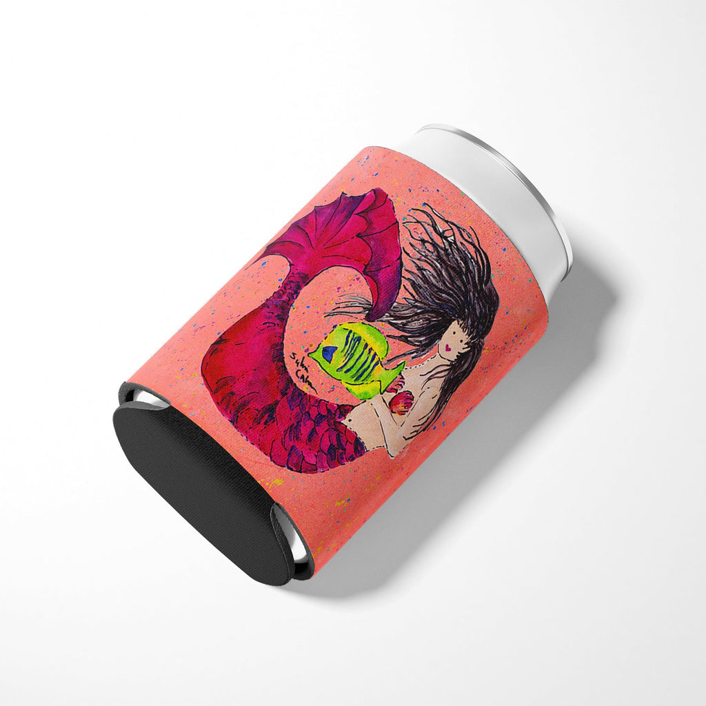 Black haired Mermaid on Red Can or Bottle Hugger Cooler Sleeve for Standard 12 oz Cans, Insulated Foam Beer & Soda Can Hugger Reusable