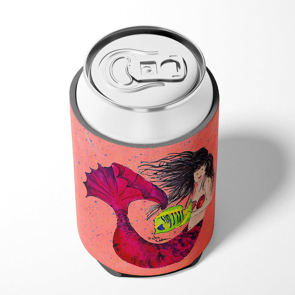 Black haired Mermaid on Red Can or Bottle Hugger Cooler Sleeve for Standard 12 oz Cans, Insulated Foam Beer & Soda Can Hugger Reusable