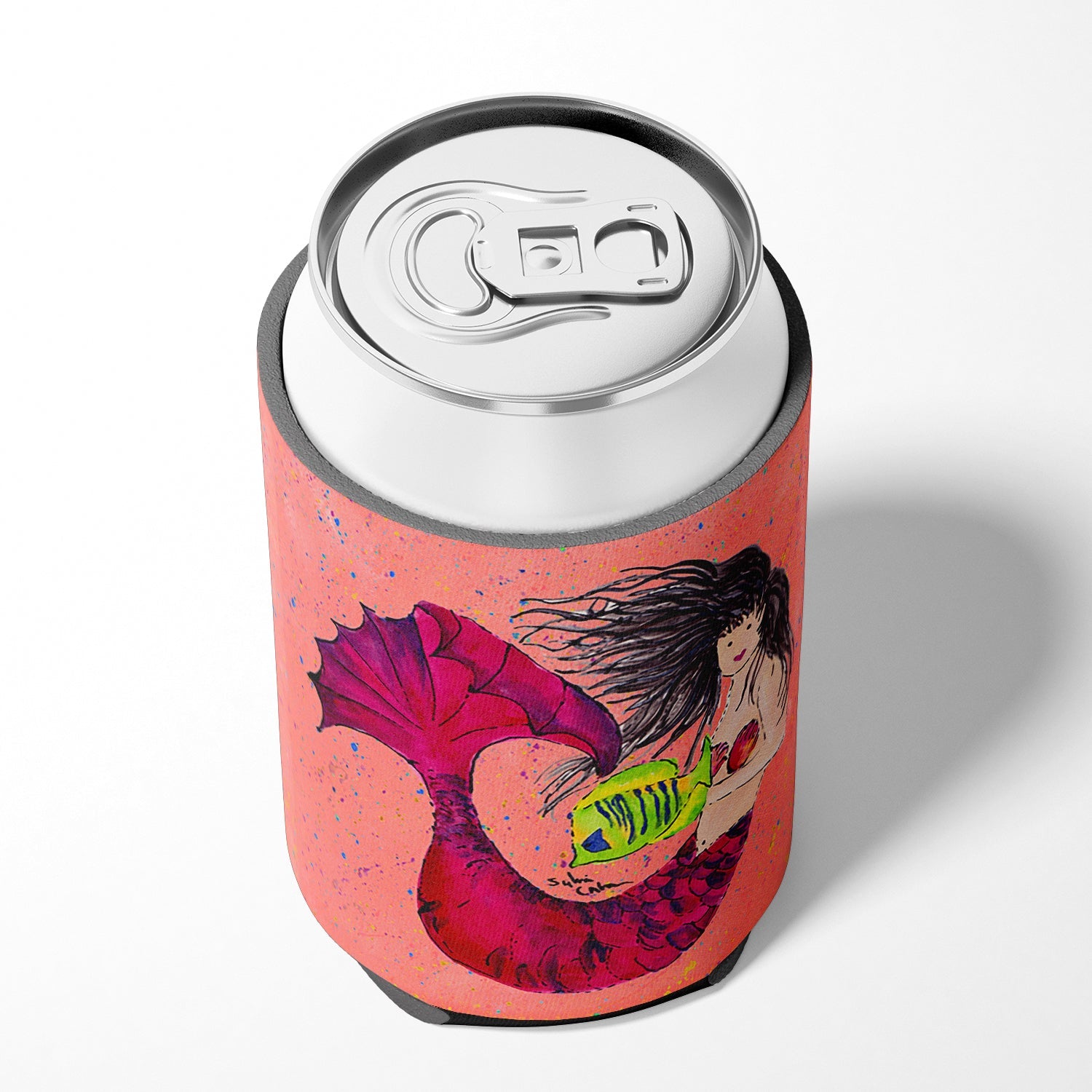 Black haired Mermaid on Red Can or Bottle Hugger Cooler Sleeve for Standard 12 oz Cans, Insulated Foam Beer & Soda Can Hugger Reusable