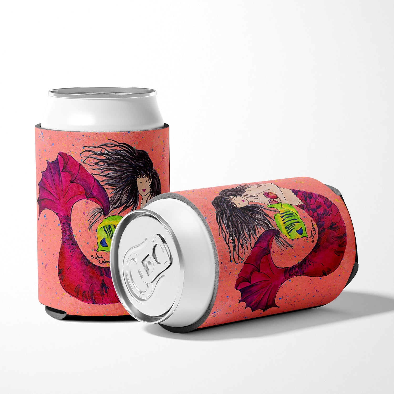 Black haired Mermaid on Red Can or Bottle Hugger Cooler Sleeve for Standard 12 oz Cans, Insulated Foam Beer & Soda Can Hugger Reusable