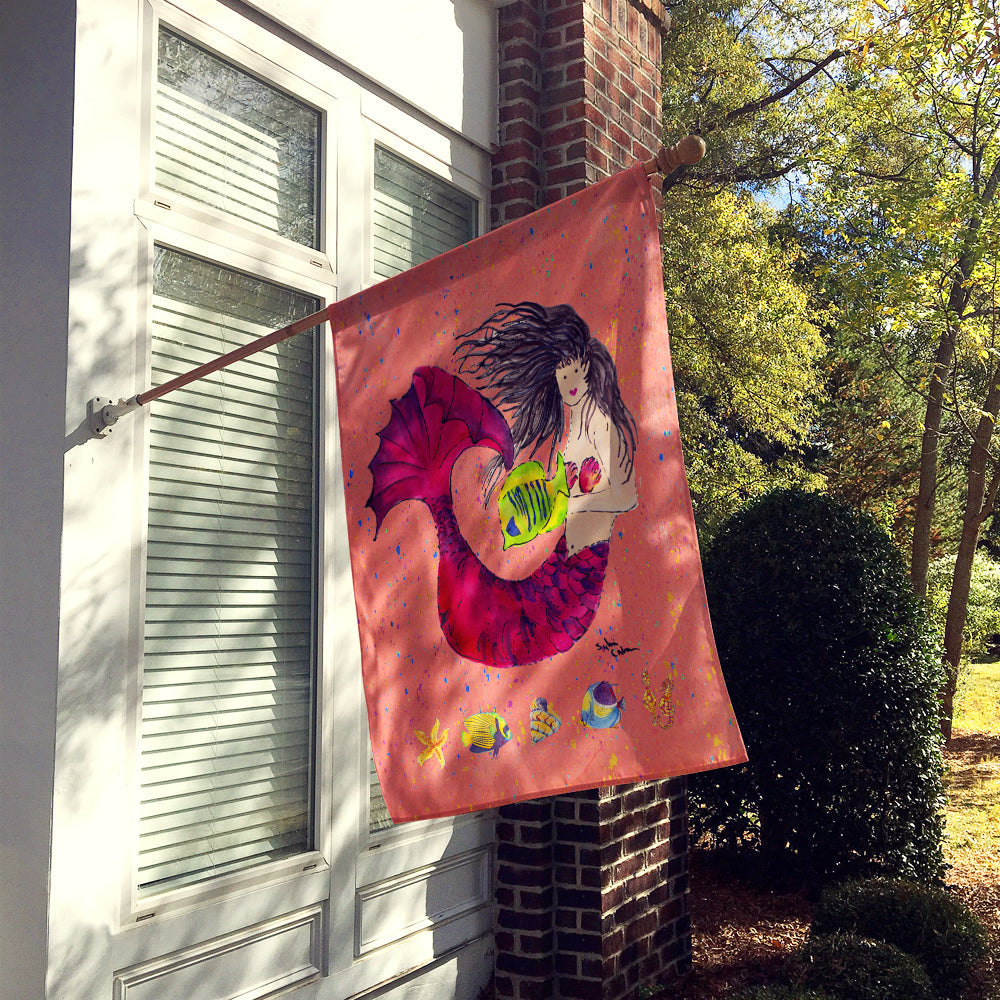 Black haired Mermaid on Red House Flag 28x40 Porch Sleeve Pole Decorative Outside Yard Banner Artwork Wall Hanging, Polyester