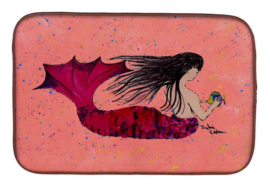 Black haired Mermaid on Red Dish Drying Mat Absorbent Dish Drying Mat Pad for Kitchen Counter Dish Drainer Mat for Countertop, 14 x 21", Multicolor