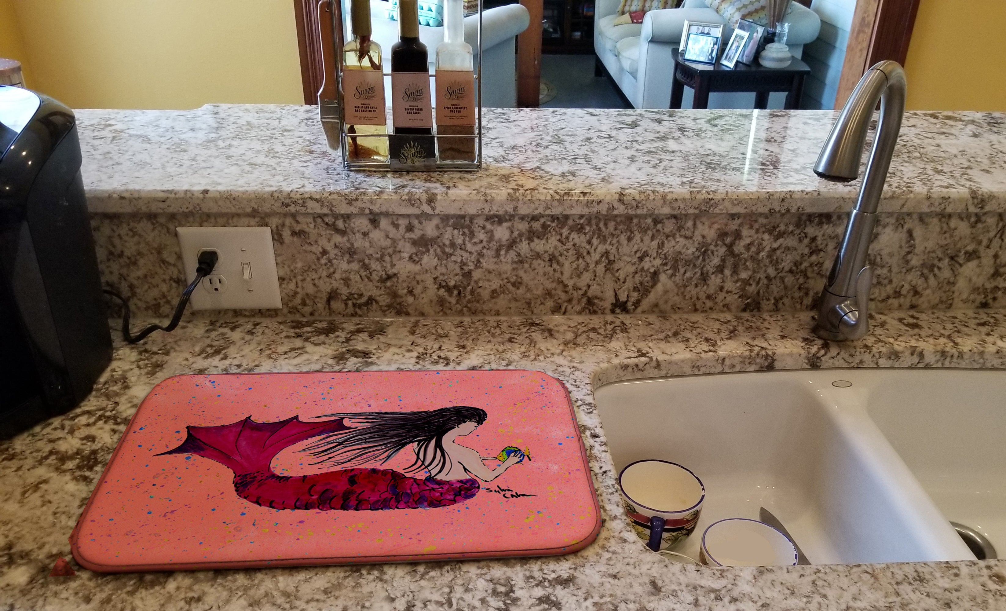 Black haired Mermaid on Red Dish Drying Mat Absorbent Dish Drying Mat Pad for Kitchen Counter Dish Drainer Mat for Countertop, 14 x 21", Multicolor