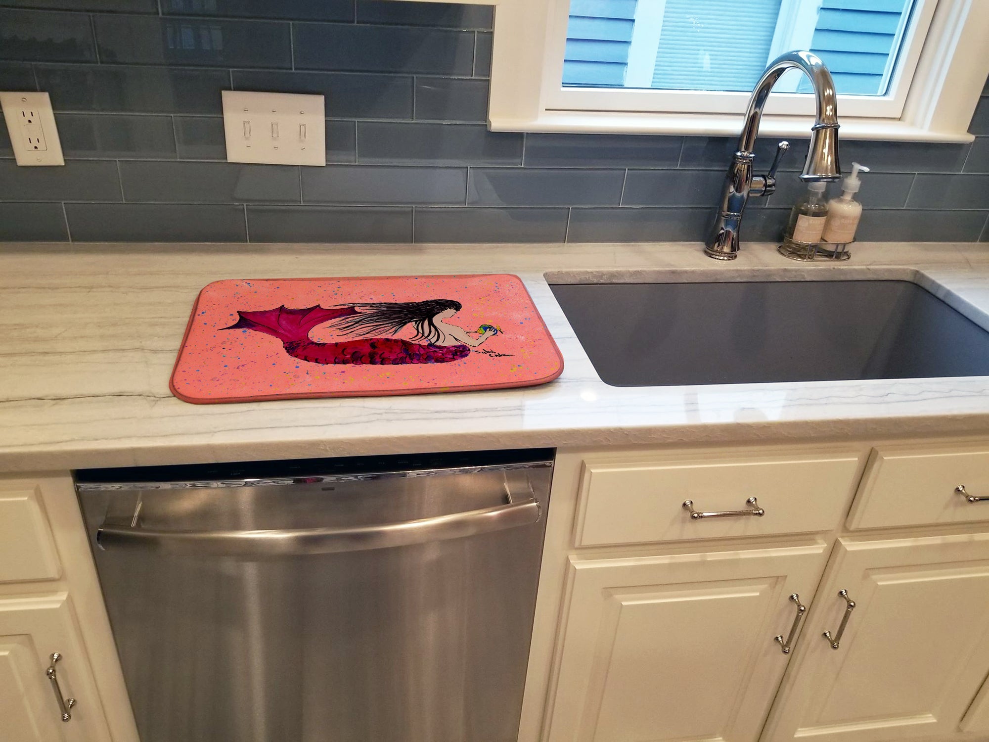 Black haired Mermaid on Red Dish Drying Mat Absorbent Dish Drying Mat Pad for Kitchen Counter Dish Drainer Mat for Countertop, 14 x 21", Multicolor