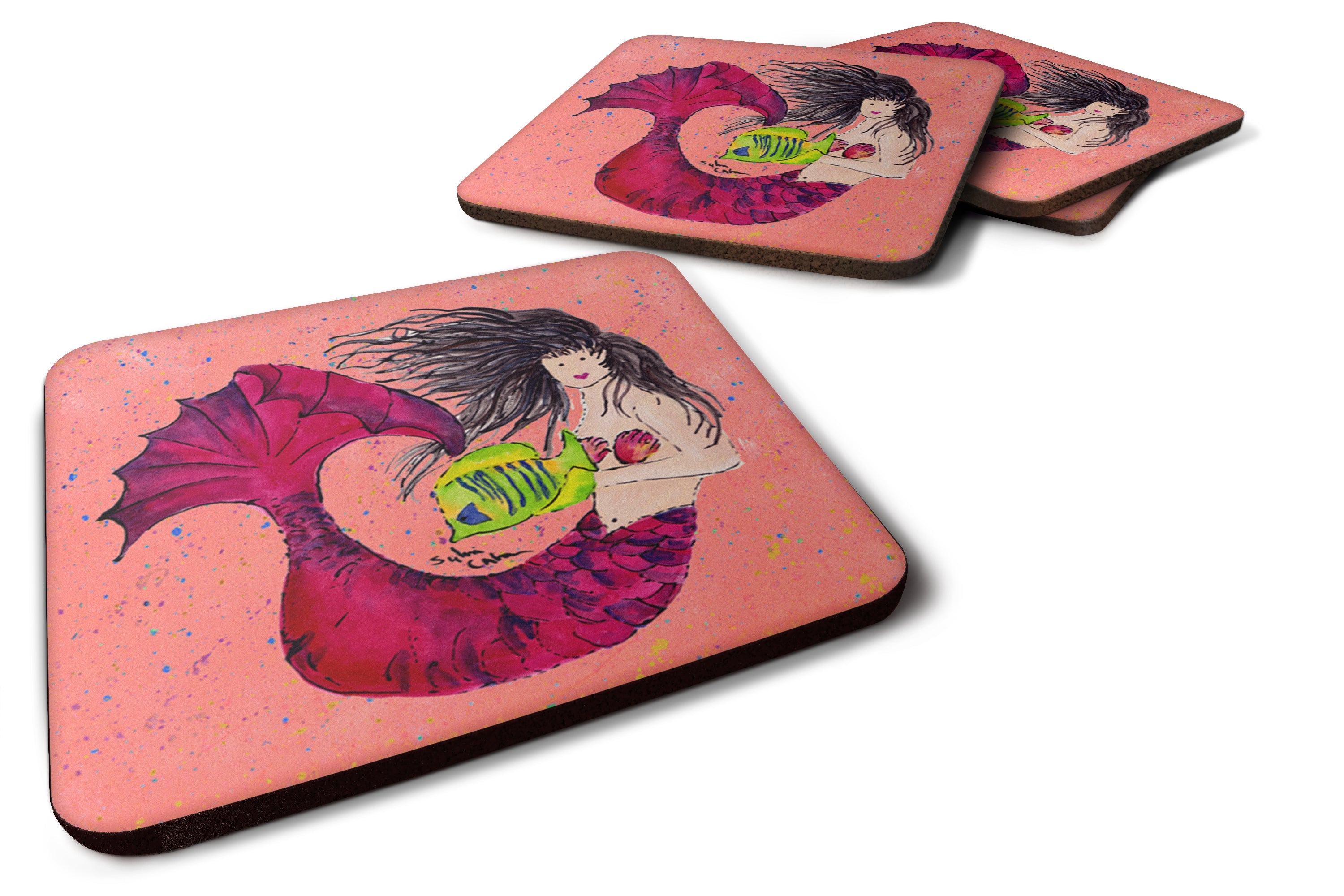 Black haired Mermaid on Red Foam Coasters Set of 4 Cup Coasters for Indoor Outdoor, Tabletop Protection, Anti Slip, Mouse pad Material