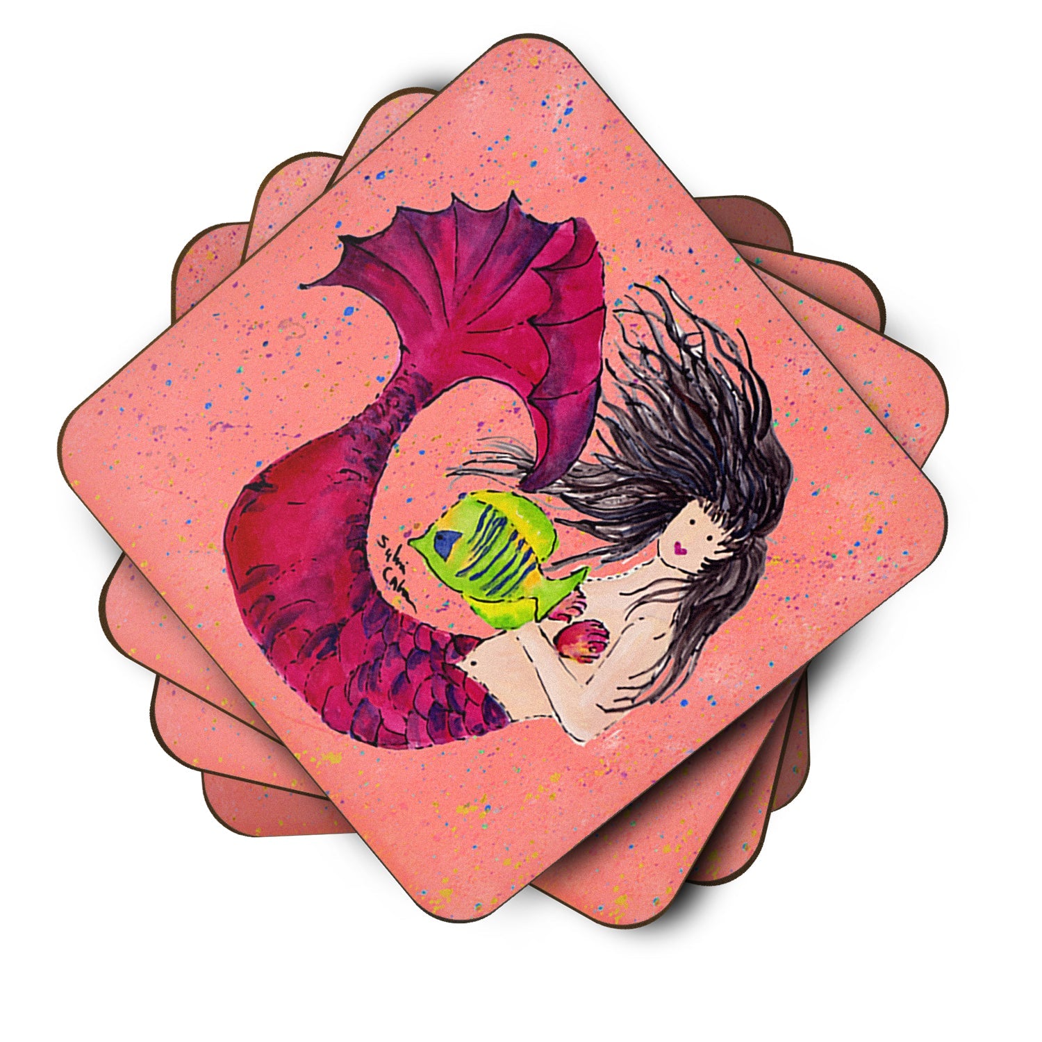 Black haired Mermaid on Red Foam Coasters Set of 4 Cup Coasters for Indoor Outdoor, Tabletop Protection, Anti Slip, Mouse pad Material