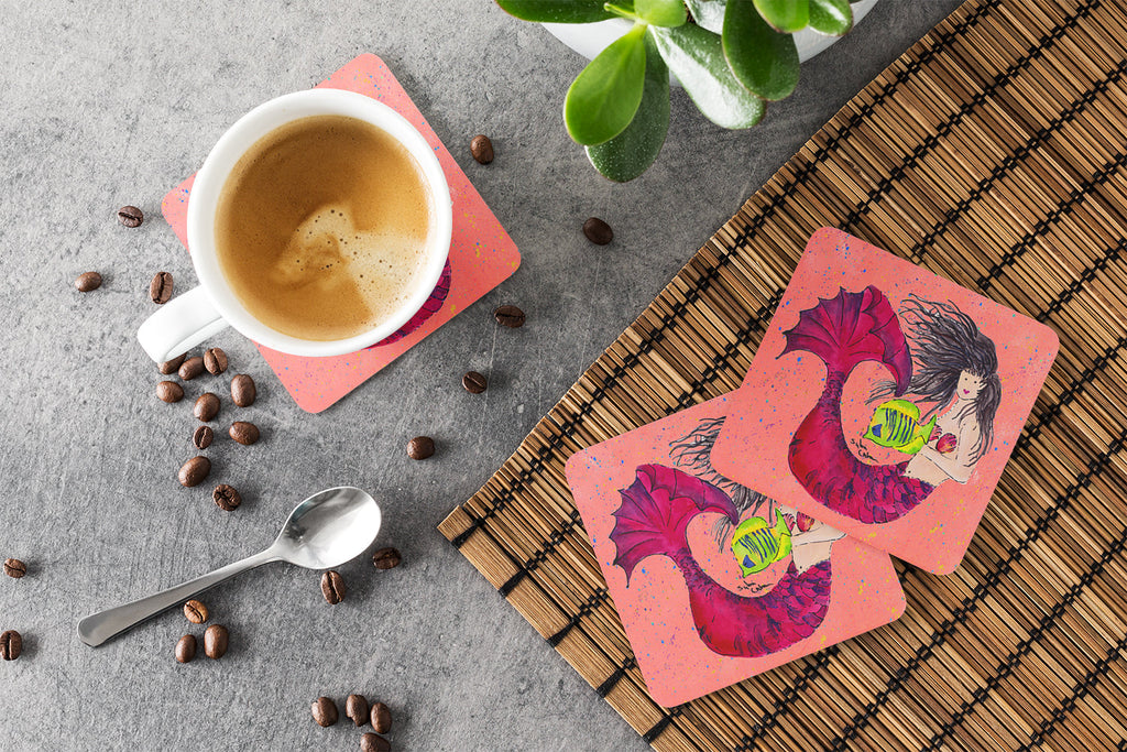 Black haired Mermaid on Red Foam Coasters Set of 4 Cup Coasters for Indoor Outdoor, Tabletop Protection, Anti Slip, Mouse pad Material