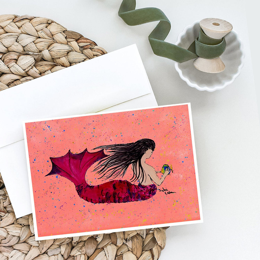 Black haired Mermaid on Red Greeting Cards Pack of 8 Blank Cards with Envelopes Whimsical A7 Size 5x7