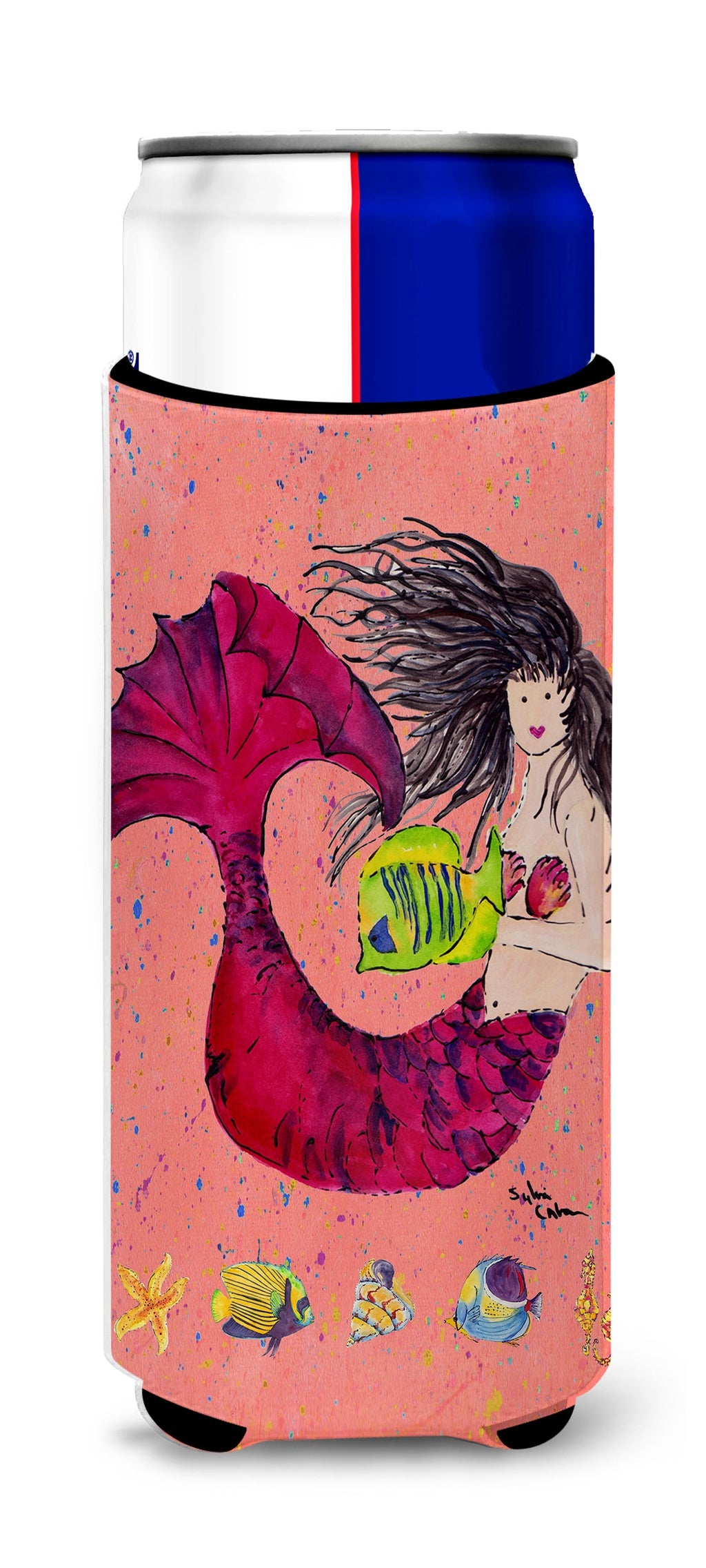 Black haired Mermaid on Red Slim Can Hugger , Insulated Foam Hugger for 12 oz Slim Cans, Beer Bottles & Water Bottles, Printed in USA