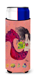 Black haired Mermaid on Red Slim Can Hugger , Insulated Foam Hugger for 12 oz Slim Cans, Beer Bottles & Water Bottles, Printed in USA