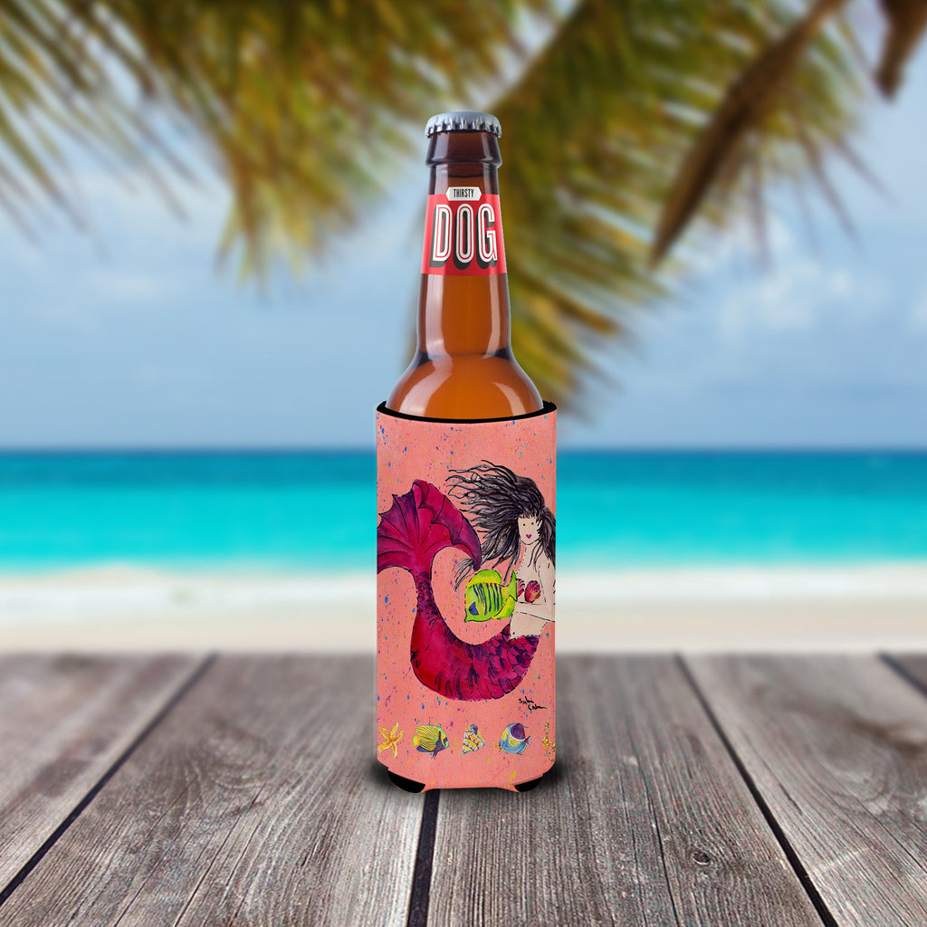 Black haired Mermaid on Red Slim Can Hugger , Insulated Foam Hugger for 12 oz Slim Cans, Beer Bottles & Water Bottles, Printed in USA