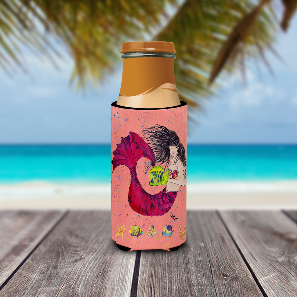 Black haired Mermaid on Red Slim Can Hugger , Insulated Foam Hugger for 12 oz Slim Cans, Beer Bottles & Water Bottles, Printed in USA