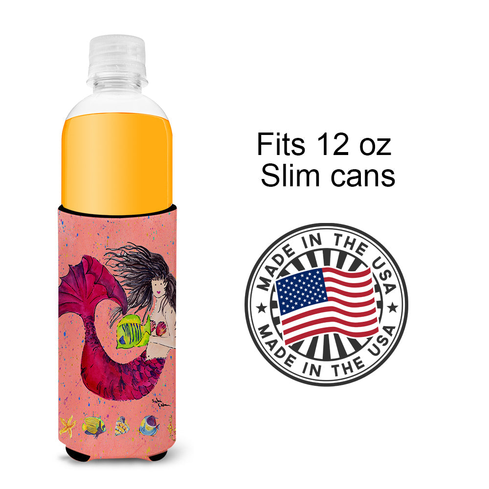 Black haired Mermaid on Red Slim Can Hugger , Insulated Foam Hugger for 12 oz Slim Cans, Beer Bottles & Water Bottles, Printed in USA