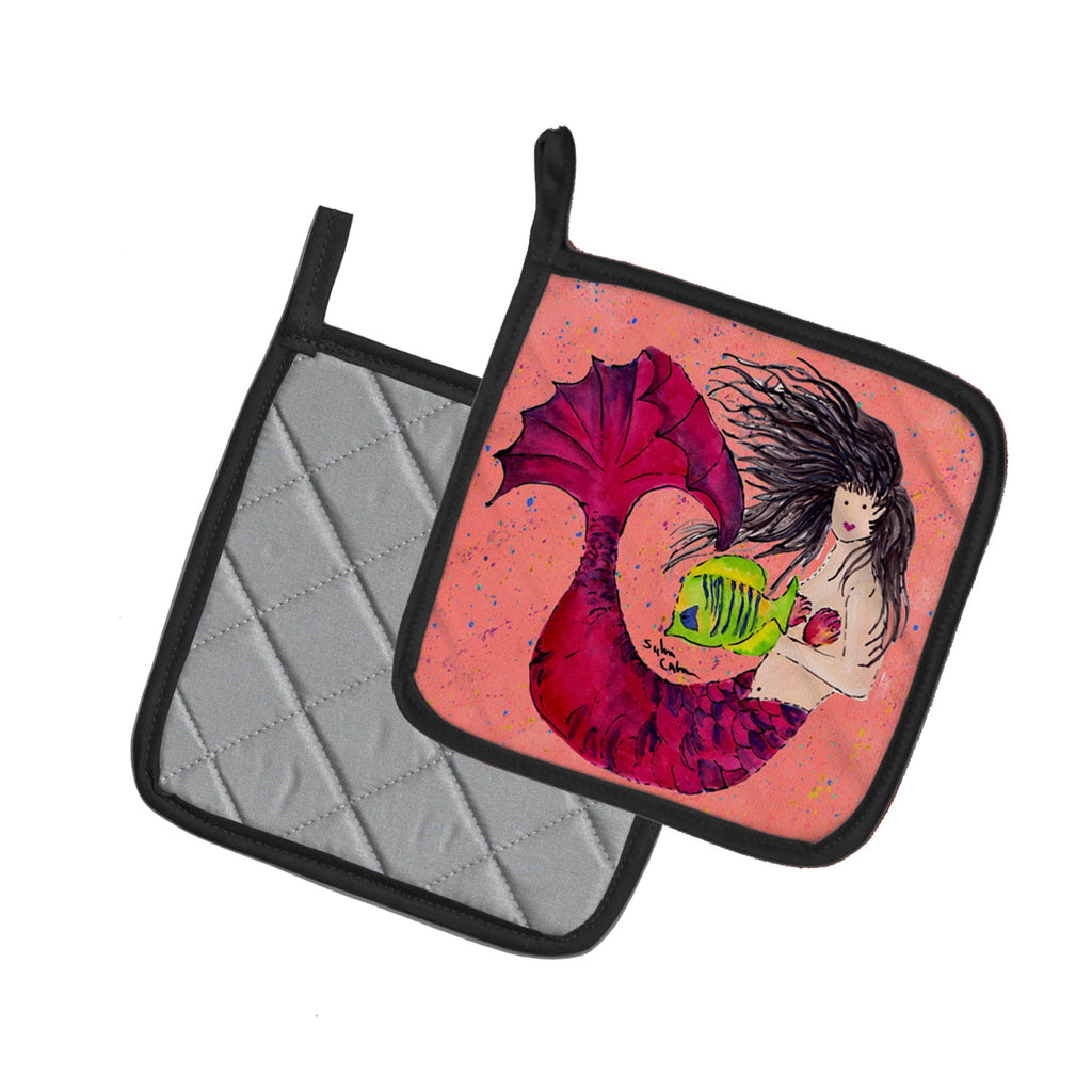 Black haired Mermaid on Red Pot Holder Set of 2 Heat Resistant Quilted Hot Pads 7.5 x 7.5 Inch, Insulated Kitchen Trivets for Cooking & Baking