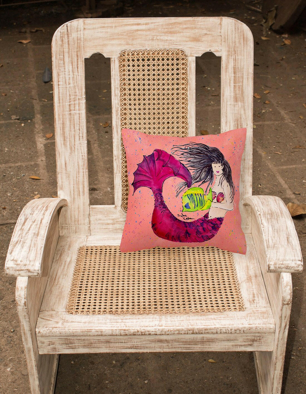 Black haired Mermaid on Red Decorative Throw Pillow 14x14 Indoor Outdoor Accent Cushion, Fabric Cover with Insert for Sofa, Bed, Porch & Living Room
