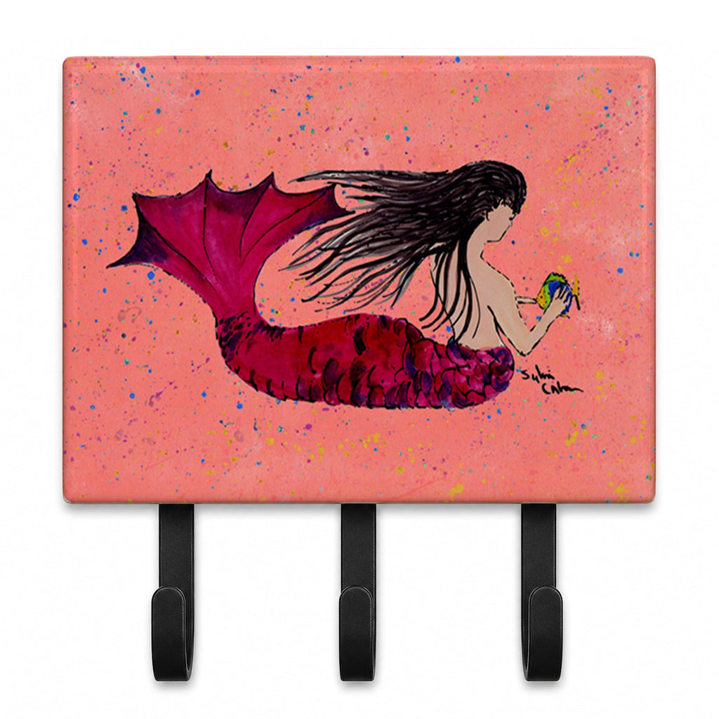 Black haired Mermaid on Red Leash or Key Holder Wall Hooks, Coat Rack Wall Mount, for Hanging Keys, Towels, Aprons, Leashes