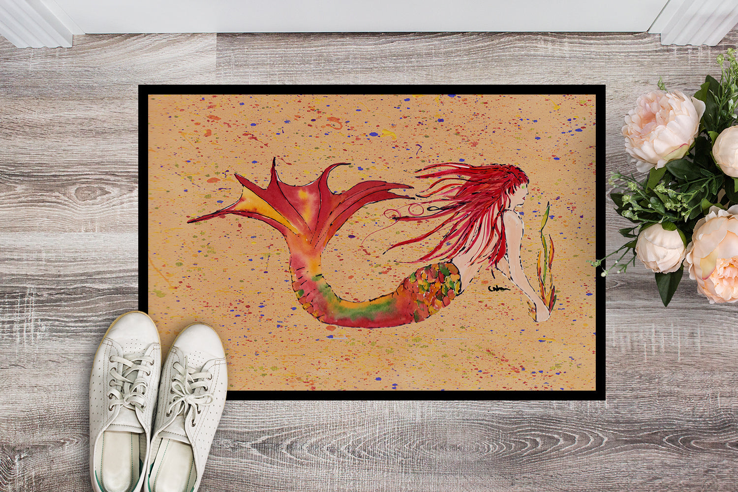 Red Headed Ginger Mermaid on Coral Doormat Indoor Outdoor 24H X 36W Front Door Mat Rugs for Entryway, Non Slip Washable Low Pile,