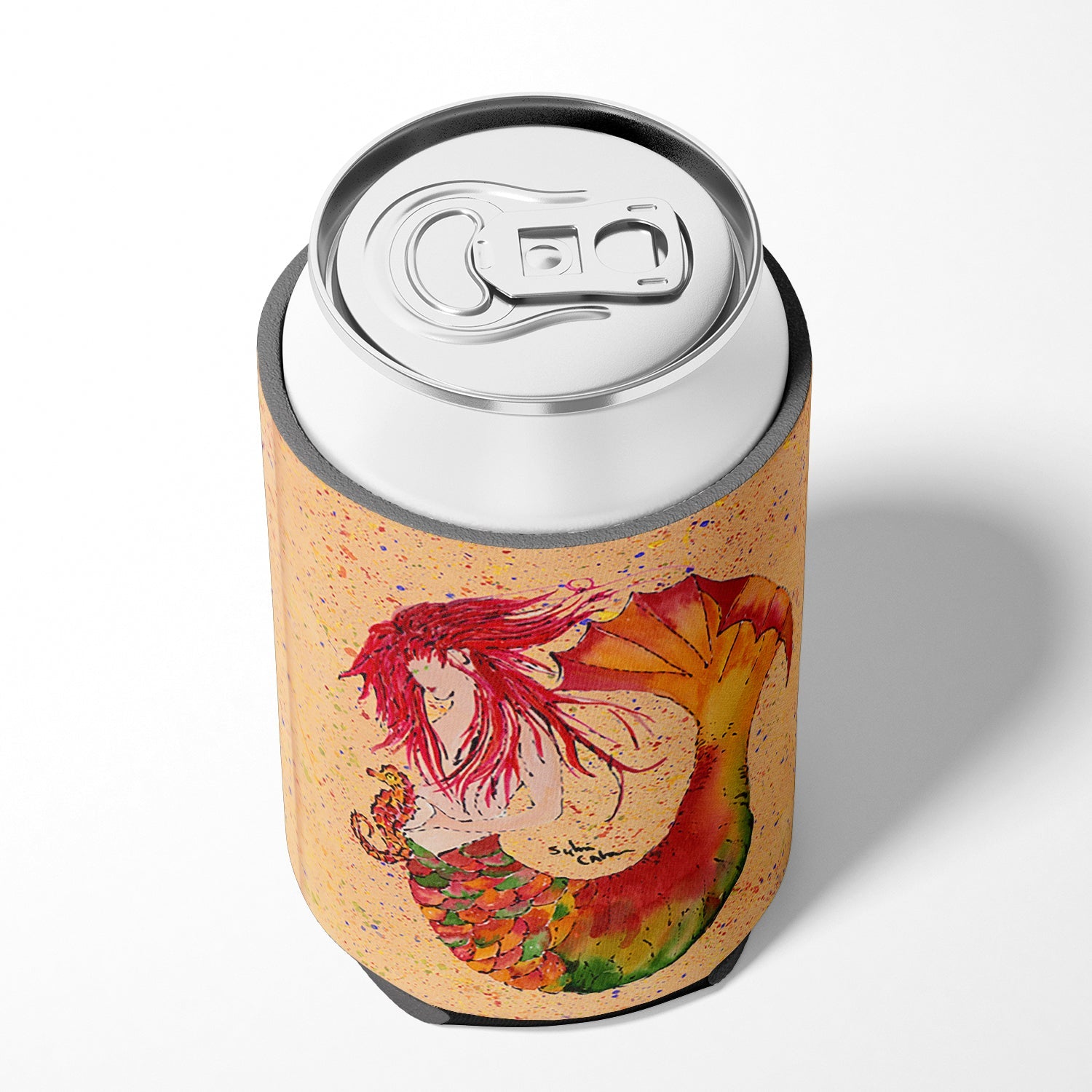 Red Headed Ginger Mermaid on Coral Can or Bottle Hugger Cooler Sleeve for Standard 12 oz Cans, Insulated Foam Beer & Soda Can Hugger Reusable